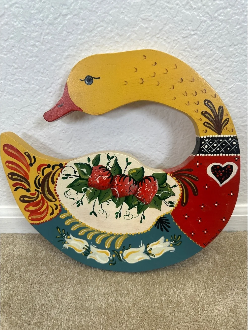 Hand-Painted Wooden Folk Art Goose Tole Painting Strawberries Cottagecore 1980s